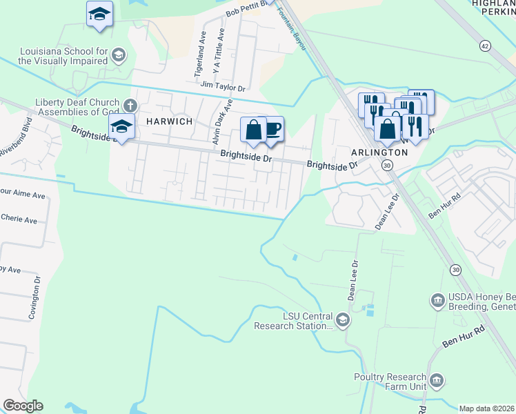 map of restaurants, bars, coffee shops, grocery stores, and more near 1707 South Brightside View Drive in Baton Rouge