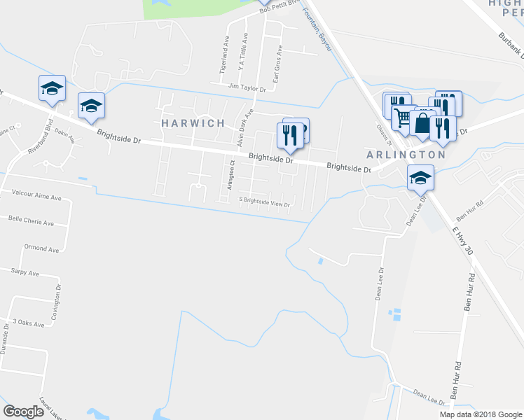map of restaurants, bars, coffee shops, grocery stores, and more near 1943 South Brightside View Drive in Baton Rouge