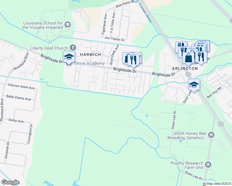 map of restaurants, bars, coffee shops, grocery stores, and more near 2041 South Brightside View Drive in Baton Rouge