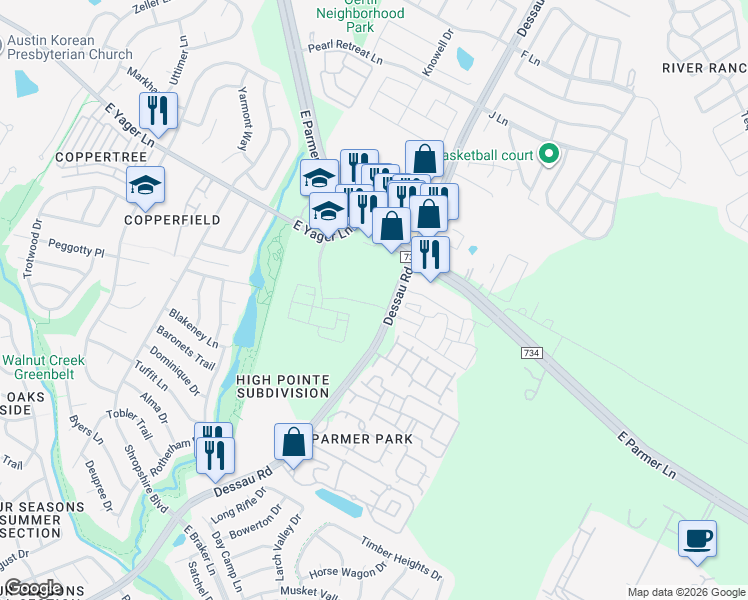 map of restaurants, bars, coffee shops, grocery stores, and more near 12224 Dessau Road in Austin