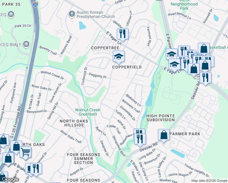map of restaurants, bars, coffee shops, grocery stores, and more near 1109 Gatehouse Drive in Austin