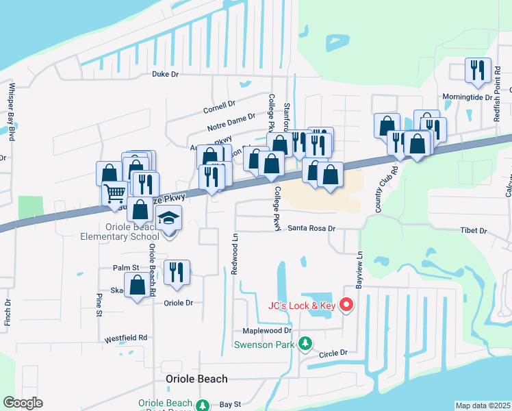 map of restaurants, bars, coffee shops, grocery stores, and more near 1348 Redwood Lane in Gulf Breeze