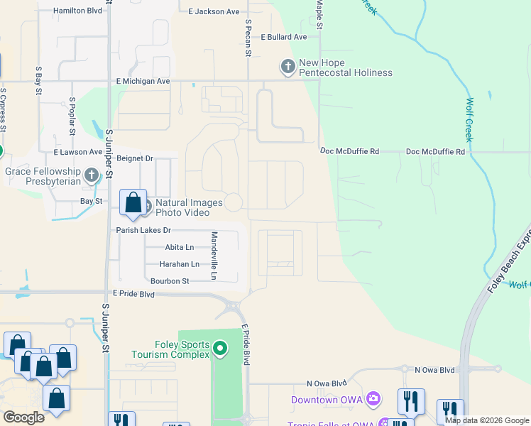 map of restaurants, bars, coffee shops, grocery stores, and more near 1020 Pheasant Circle in Foley