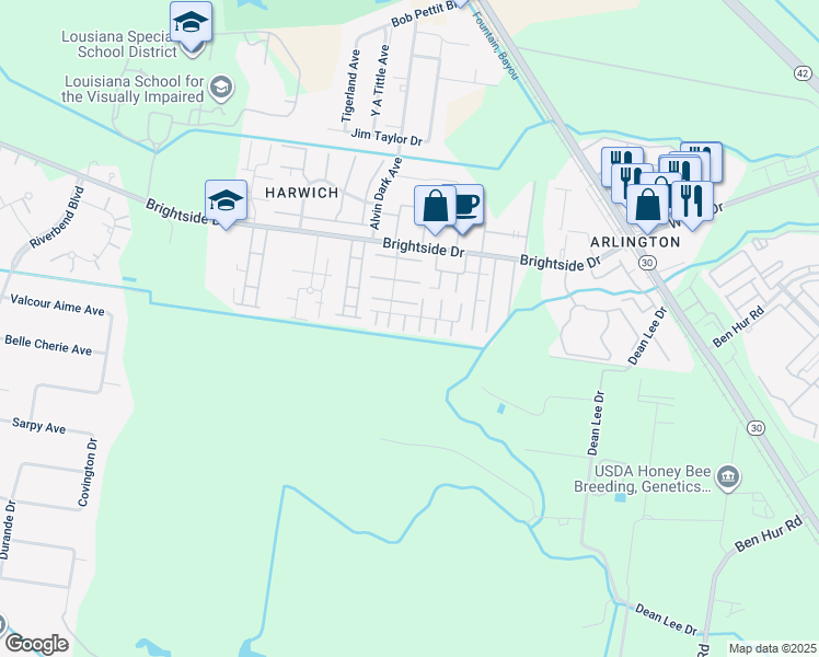 map of restaurants, bars, coffee shops, grocery stores, and more near 1933 South Brightside View Drive in Baton Rouge