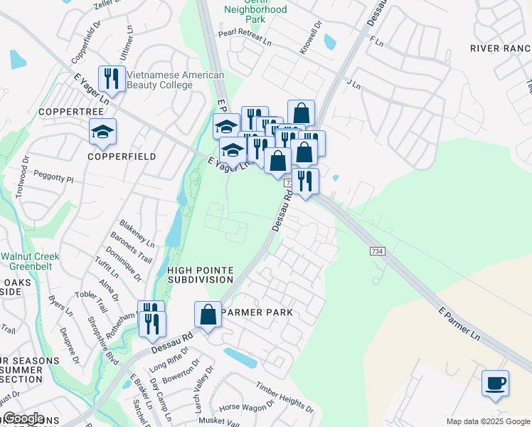 map of restaurants, bars, coffee shops, grocery stores, and more near 12224 Dessau Road in Austin