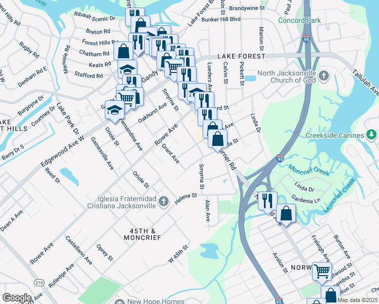 map of restaurants, bars, coffee shops, grocery stores, and more near 1432 Lila Street in Jacksonville