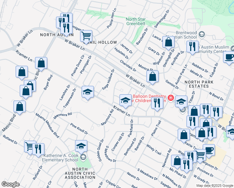 map of restaurants, bars, coffee shops, grocery stores, and more near 11102 Bending Bough Trail in Austin