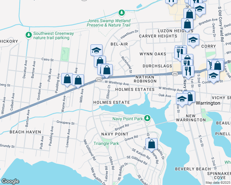 map of restaurants, bars, coffee shops, grocery stores, and more near 106 Ellis Drive in Pensacola