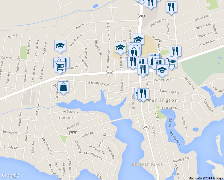 map of restaurants, bars, coffee shops, grocery stores, and more near 216 Oak Ave in Pensacola