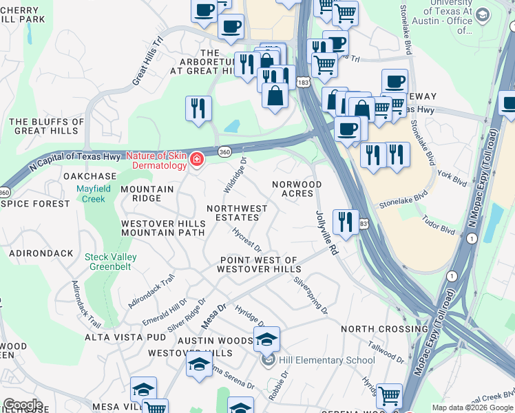 map of restaurants, bars, coffee shops, grocery stores, and more near 9006 Rockcrest Drive in Austin