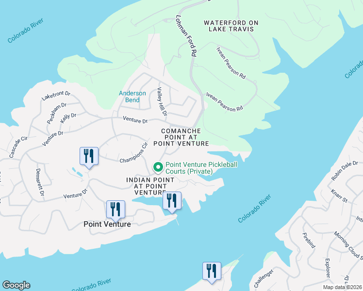 map of restaurants, bars, coffee shops, grocery stores, and more near 133 Comanche Drive in Lago Vista