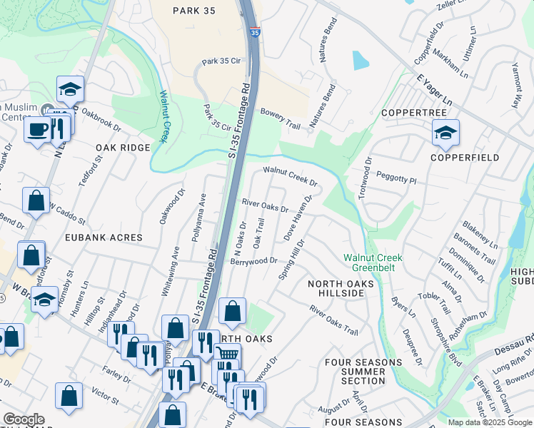 map of restaurants, bars, coffee shops, grocery stores, and more near 11907 Oak Trail in Austin