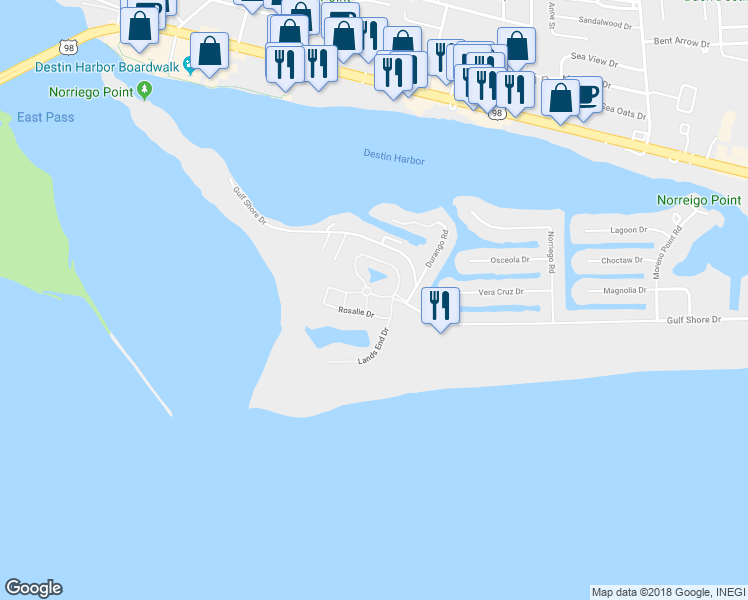 map of restaurants, bars, coffee shops, grocery stores, and more near 3604 Melrose Avenue in Destin
