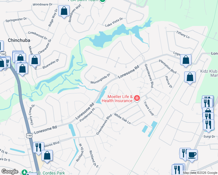 map of restaurants, bars, coffee shops, grocery stores, and more near 17 Colony Trail Drive in Mandeville