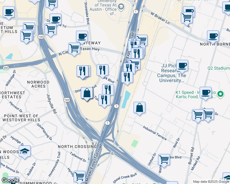 map of restaurants, bars, coffee shops, grocery stores, and more near 9600 North Mopac Expressway in Austin