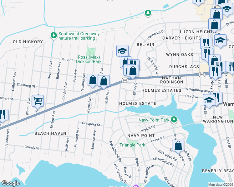 map of restaurants, bars, coffee shops, grocery stores, and more near 621 West Sunset Avenue in Pensacola