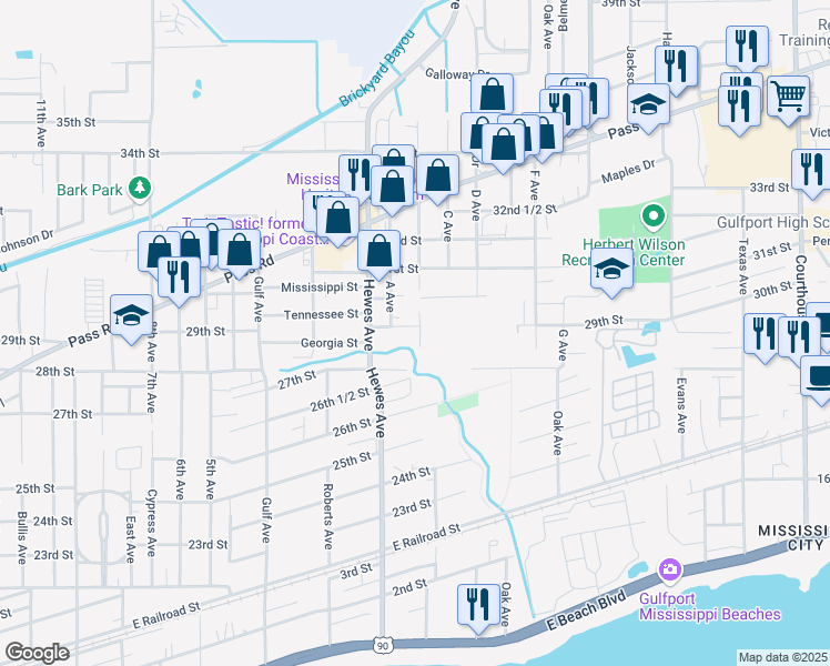 map of restaurants, bars, coffee shops, grocery stores, and more near 501 29th Street in Gulfport