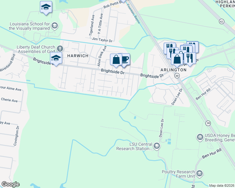 map of restaurants, bars, coffee shops, grocery stores, and more near 1707 South Brightside View Drive in Baton Rouge