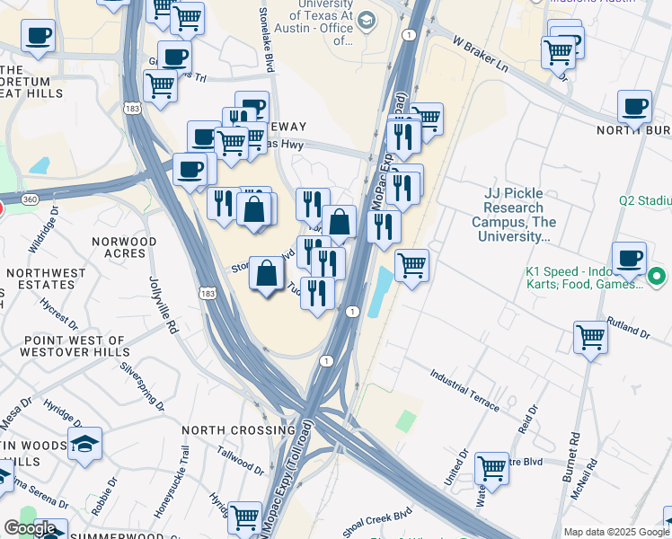 map of restaurants, bars, coffee shops, grocery stores, and more near 9600 North Mopac Expressway in Austin