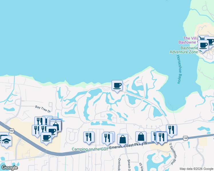 map of restaurants, bars, coffee shops, grocery stores, and more near 200 Sandestin Boulevard North in Miramar Beach