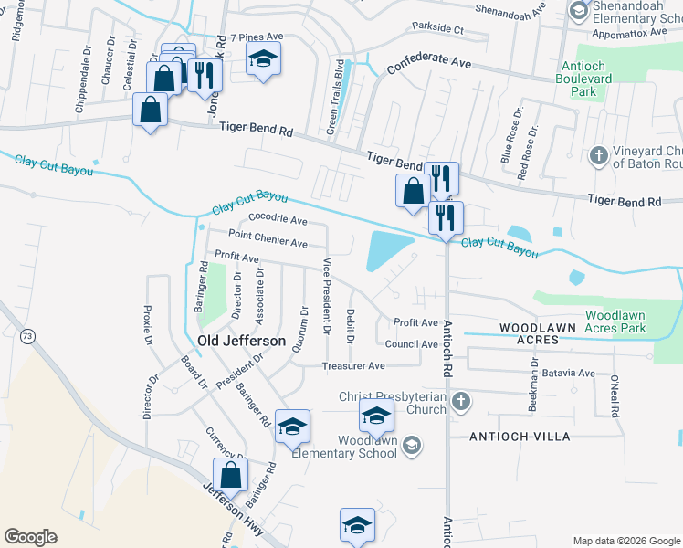 map of restaurants, bars, coffee shops, grocery stores, and more near 15423 Profit Avenue in Baton Rouge