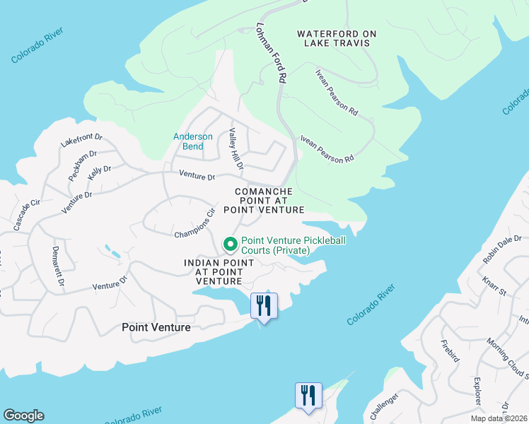 map of restaurants, bars, coffee shops, grocery stores, and more near 133 Comanche Drive in Lago Vista