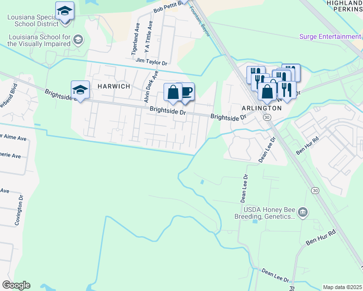 map of restaurants, bars, coffee shops, grocery stores, and more near 1707 South Brightside View Drive in Baton Rouge
