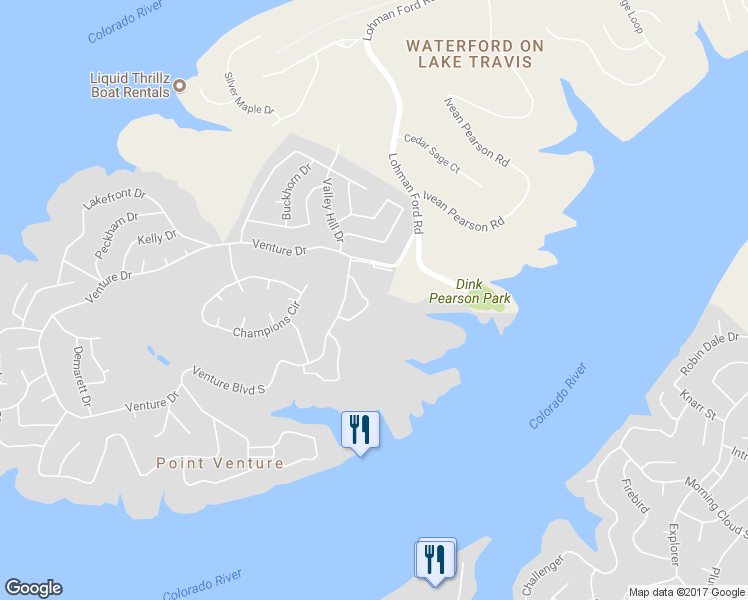 map of restaurants, bars, coffee shops, grocery stores, and more near 133 Comanche Drive in Lago Vista