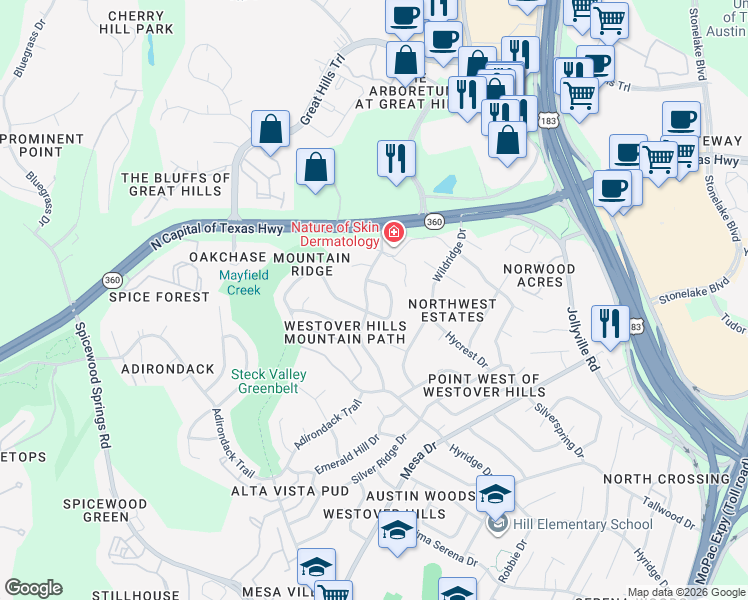 map of restaurants, bars, coffee shops, grocery stores, and more near 8860 Mountain Ridge Circle in Austin