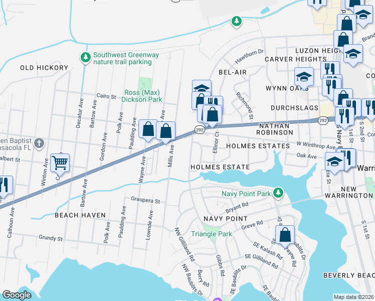 map of restaurants, bars, coffee shops, grocery stores, and more near 621 West Sunset Avenue in Pensacola