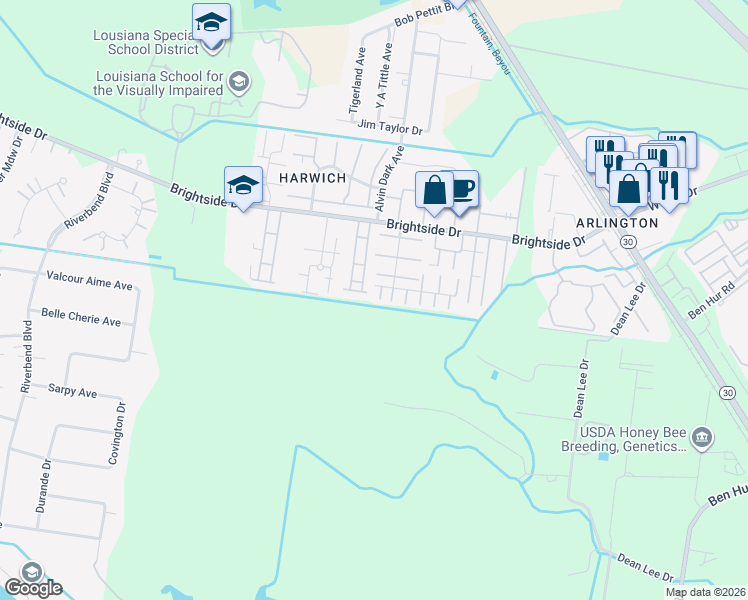 map of restaurants, bars, coffee shops, grocery stores, and more near 2041 South Brightside View Drive in Baton Rouge