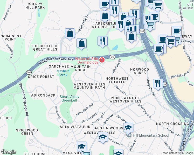 map of restaurants, bars, coffee shops, grocery stores, and more near 8860 Mountain Ridge Circle in Austin