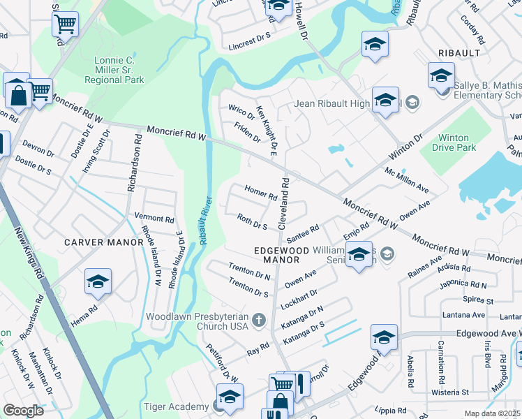 map of restaurants, bars, coffee shops, grocery stores, and more near 6732 Alaro Road in Jacksonville