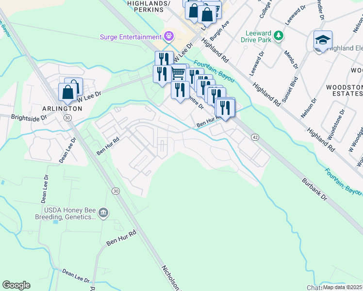 map of restaurants, bars, coffee shops, grocery stores, and more near 6128 Lake Edge Drive in Baton Rouge