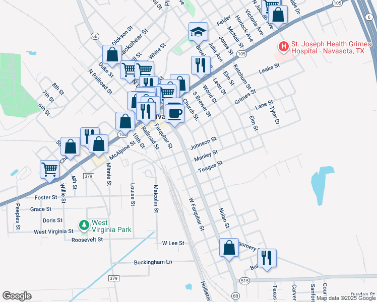 map of restaurants, bars, coffee shops, grocery stores, and more near 501 South Lasalle Street in Navasota