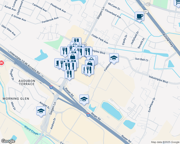 map of restaurants, bars, coffee shops, grocery stores, and more near 6865 Siegen Lane in Baton Rouge