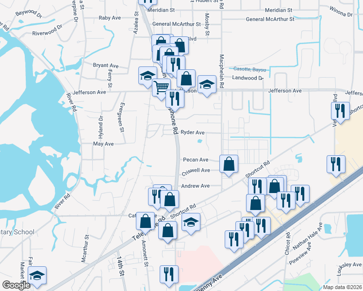 map of restaurants, bars, coffee shops, grocery stores, and more near 5210-5298 Telephone Rd in Pascagoula