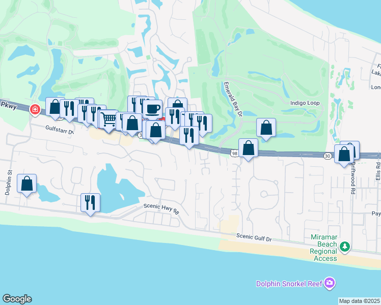 map of restaurants, bars, coffee shops, grocery stores, and more near 36474 Emerald Coast Parkway in Destin