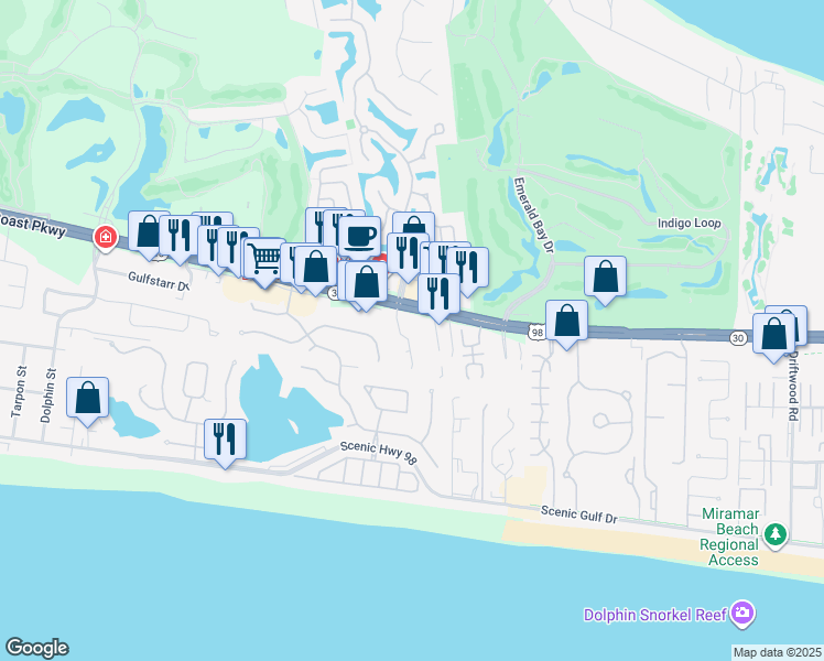 map of restaurants, bars, coffee shops, grocery stores, and more near 96 Trista Terrace Court in Destin