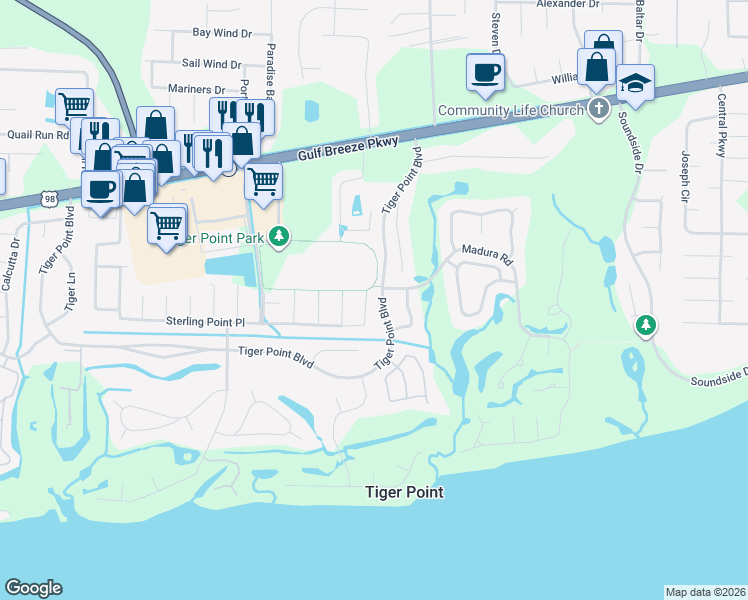 map of restaurants, bars, coffee shops, grocery stores, and more near 1019 Sterling Point Place in Gulf Breeze
