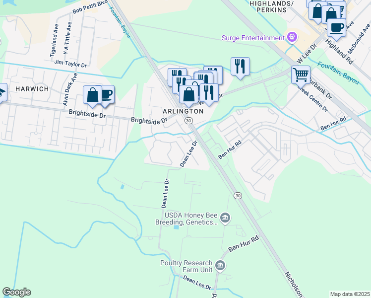 map of restaurants, bars, coffee shops, grocery stores, and more near 906 Dean Lee Drive in Baton Rouge