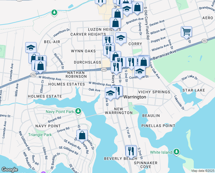map of restaurants, bars, coffee shops, grocery stores, and more near 11 West Winthrop Avenue in Pensacola