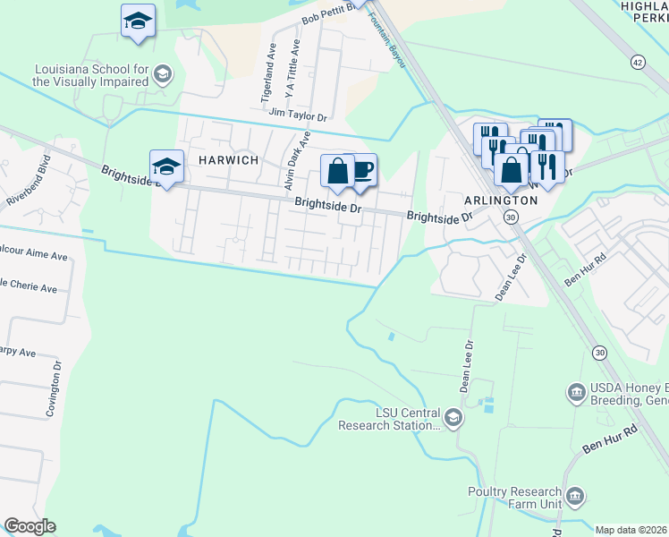 map of restaurants, bars, coffee shops, grocery stores, and more near 1707 South Brightside View Drive in Baton Rouge