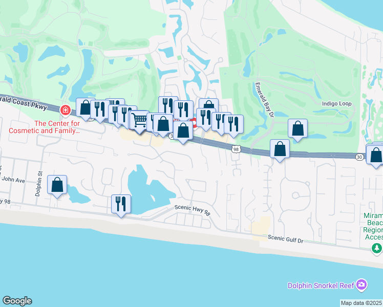 map of restaurants, bars, coffee shops, grocery stores, and more near 4751 Papaya Park in Destin