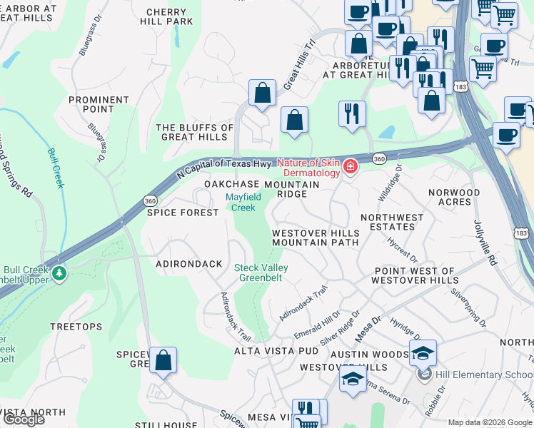 map of restaurants, bars, coffee shops, grocery stores, and more near 8804 Mountain Path Circle in Austin