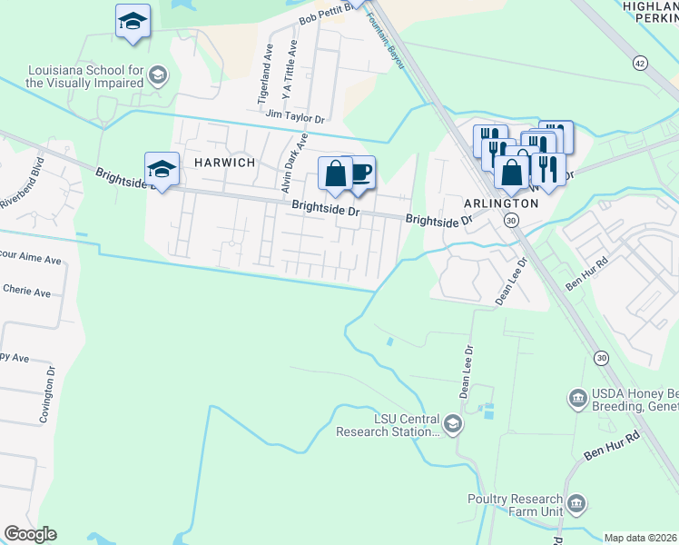 map of restaurants, bars, coffee shops, grocery stores, and more near 1707 South Brightside View Drive in Baton Rouge