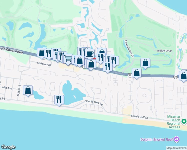 map of restaurants, bars, coffee shops, grocery stores, and more near 4751 Papaya Park in Destin