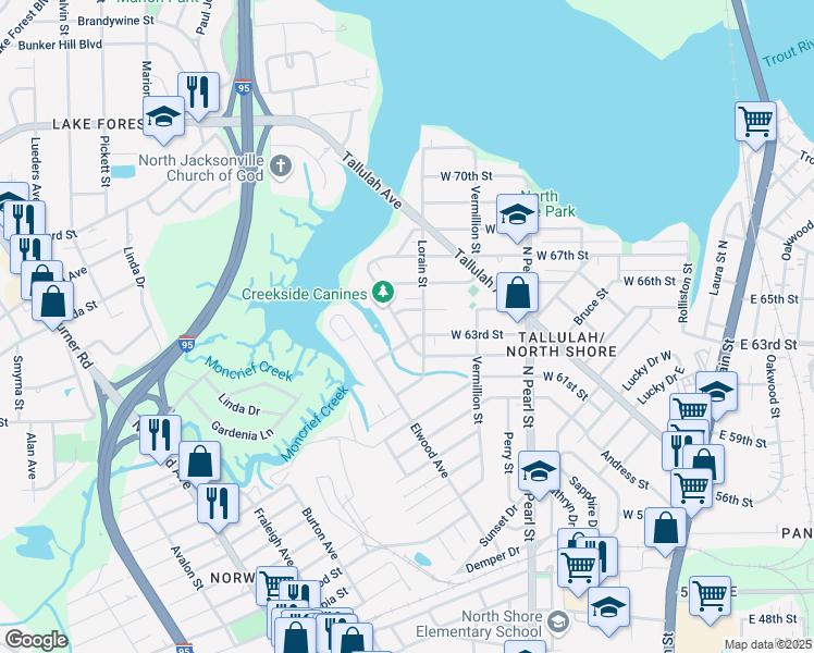 map of restaurants, bars, coffee shops, grocery stores, and more near 7317 North Shore Drive in Jacksonville