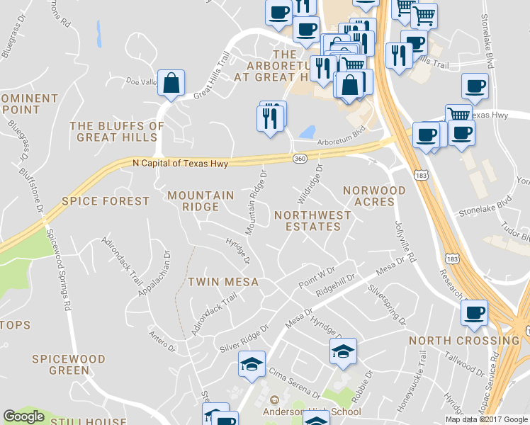 map of restaurants, bars, coffee shops, grocery stores, and more near 8860 Mountain Ridge Circle in Austin