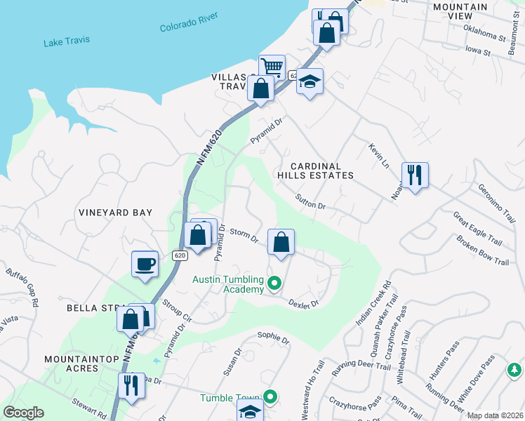 map of restaurants, bars, coffee shops, grocery stores, and more near 15408 Ullman Drive in Austin